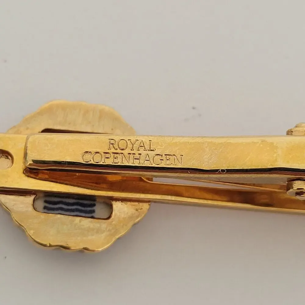 Royal‎ Copenhagen Tie Bar Gold Tone Blue Enamel 2 Inch Clip Vintage